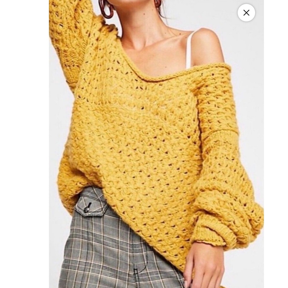 Free People Mustard Yellow Chunky Knit Crashing Waves Oversized Sweater